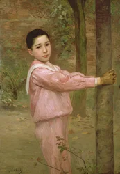 Portrait of a boy in a pink sailor suit